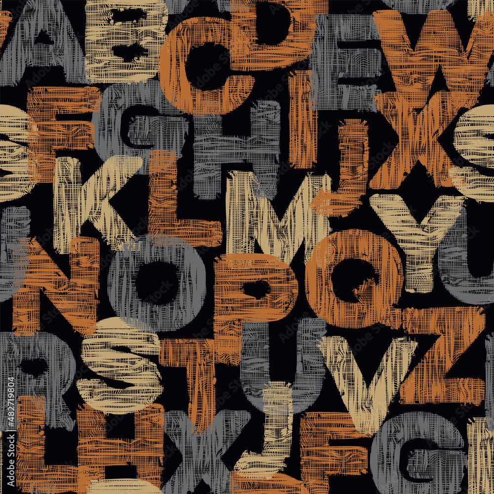 Poster color seamless pattern of english letters with textile texture on a black backdrop. repeating vector