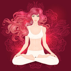 Beautiful Caucasian Girl with long curly red hair sitting in Lotus pose with ornate mandala on background. Vector illustration. Spa consent, yoga studio, or natural medicine clinic. Art nouveau style.