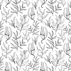 Seamless pattern with stylized leaves. Floral endless pattern filled with monochrome leaves. Fresh greenery background, wallpaper, textile print.