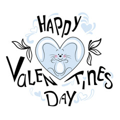 Fototapeta na wymiar Doodle Valentine card in blue and black colors. Heart, a cute bunny is drawn inside, lettering next to it - Happy Valentine's Day. Stock vector illustration isolated on white background