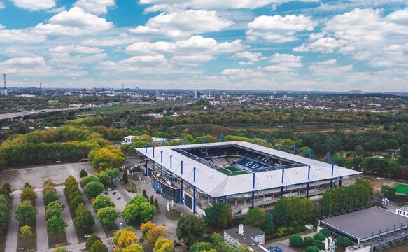 Aeial view over MSV-Arena, home stadium for MSV Duisburg. Germany - October 2020