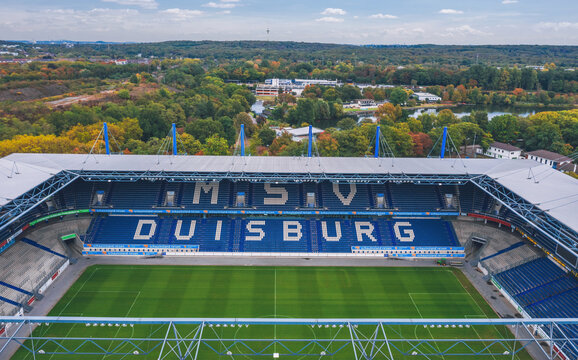 Aeial view over MSV-Arena, home stadium for MSV Duisburg. Germany - October 2020