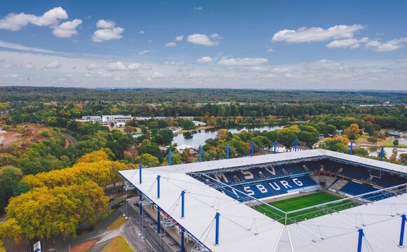 Aeial view over MSV-Arena, home stadium for MSV Duisburg. Germany - October 2020