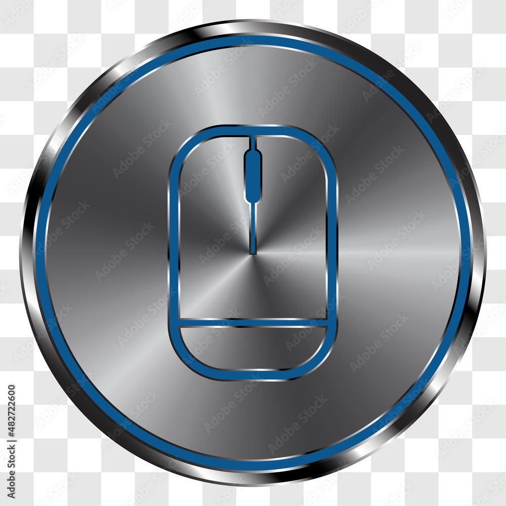 Poster Computer mouse simple icon vector on metal round button. Transparent grid