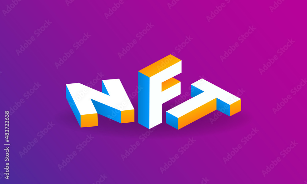 Poster isometric nft text vector 3d banner. cryptocurrency nft token banner in future style. vector illustr