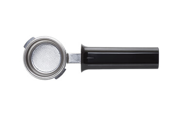 portafilter for brewing espresso coffee under pressure of a coffee machine with small holes in the holder with a brass iron bayonet and a plastic black handle top view isolated on white.