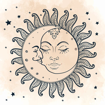 Sun and moon. Vector illustration in vintage engraving style.