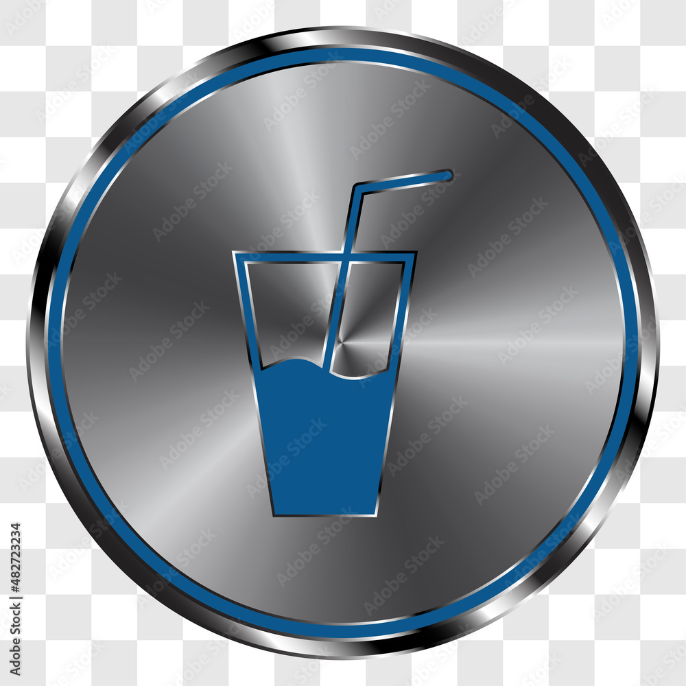 Poster glass with straw simple icon vector on metal round button. transparent grid