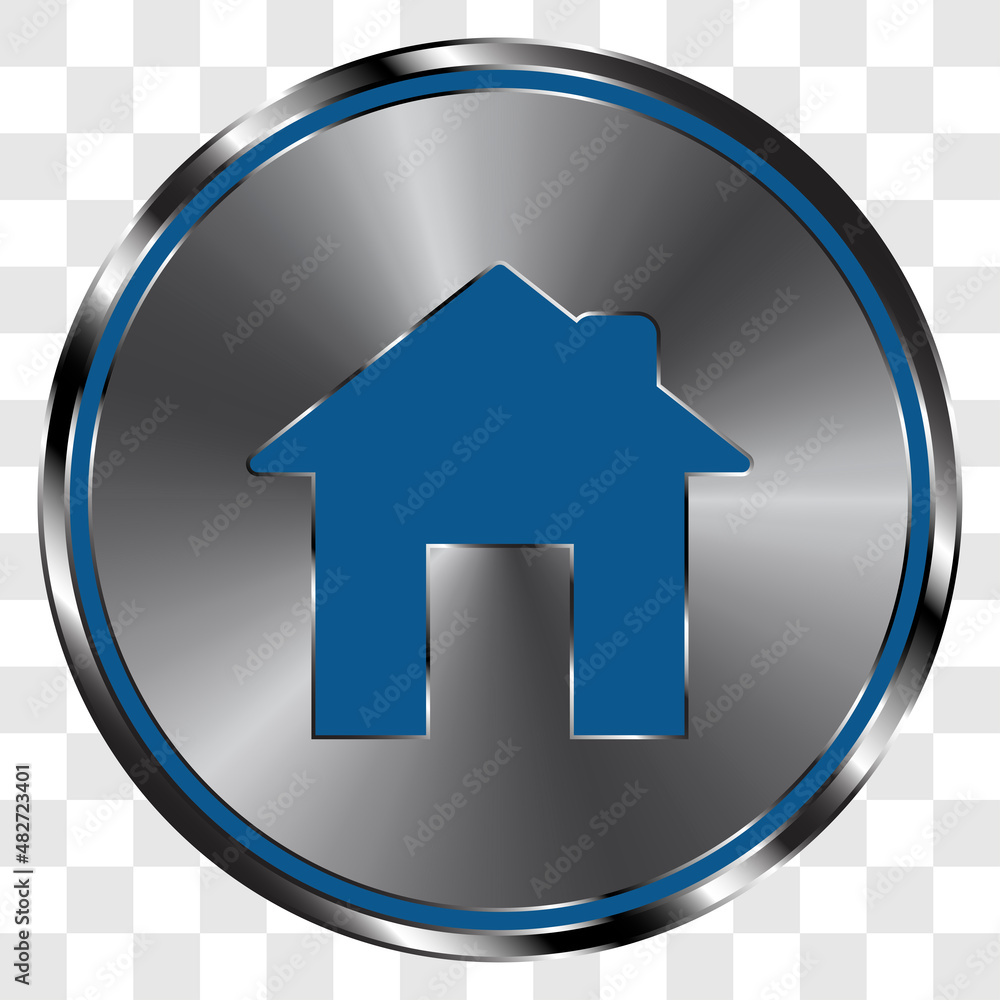 Poster house simple icon vector on metal round button. transparent grid