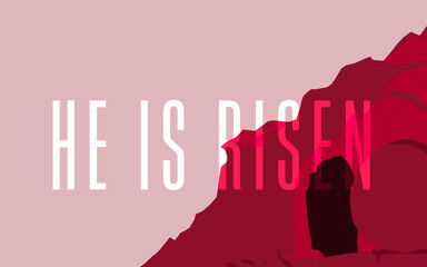 Bold type, "He is Risen" over abstract empty tomb in red light of sunrise.