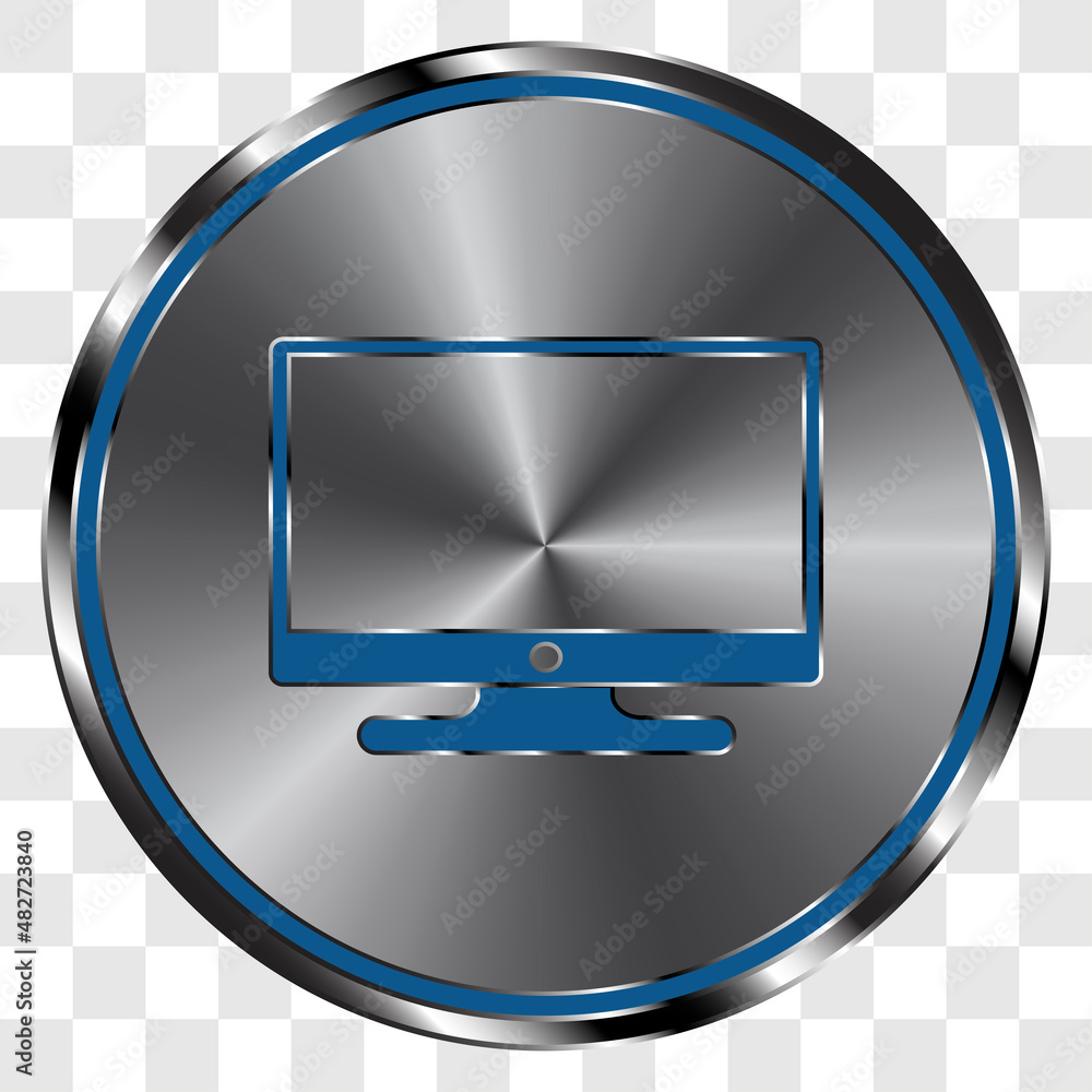 Poster monitor simple icon vector on metal round button. transparent grid