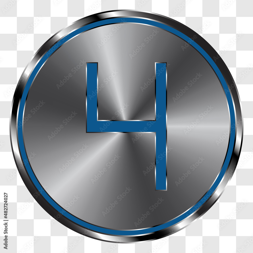 Poster number four, numeral simple icon vector on metal round button. transparent grid