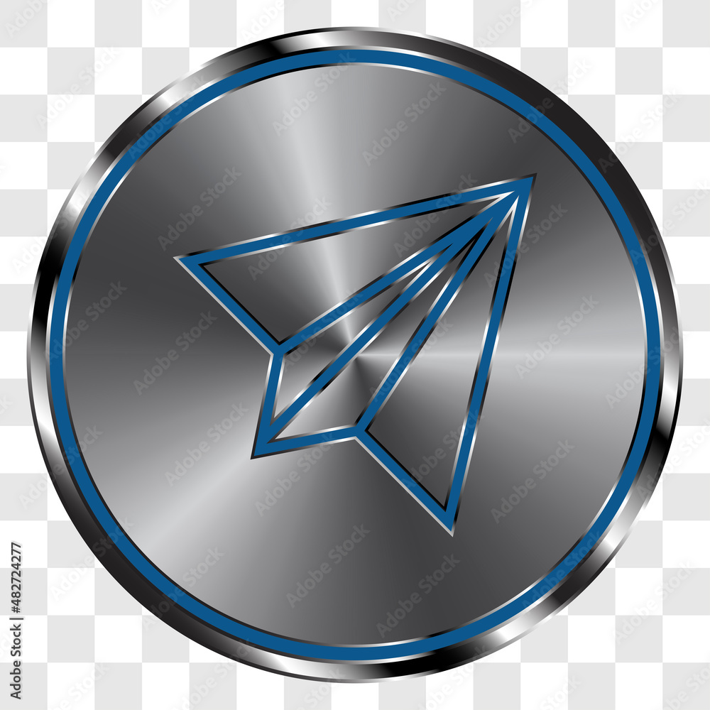 Poster paper airplane simple icon vector on metal round button. transparent grid