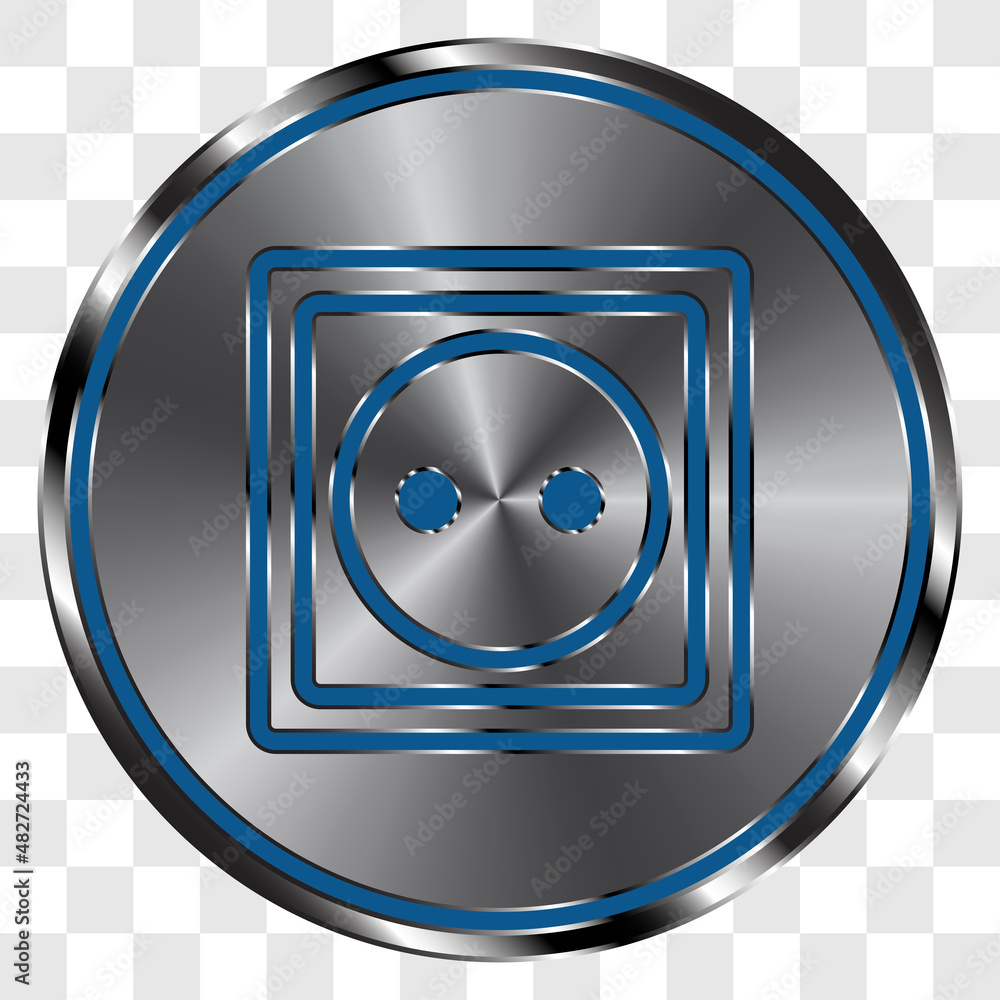 Aufkleber power socket simple icon vector on metal round button. transparent grid
