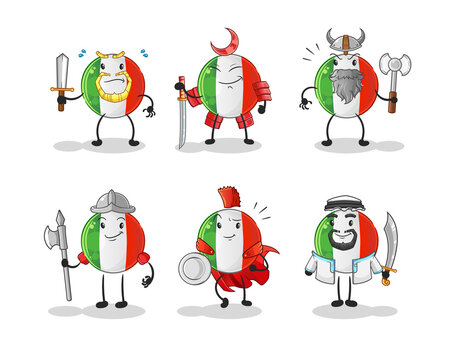 italy flag warrior group character. cartoon mascot vector