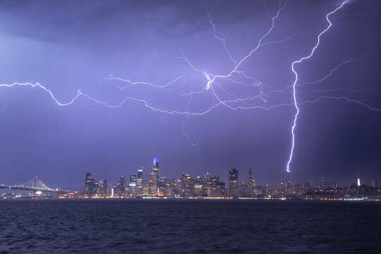 A dramatic lightning storm over San Francisco, California, viewed from Treasure Island.