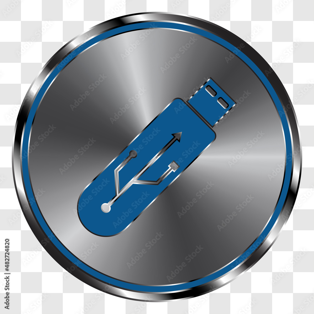 Poster usb flash drive simple icon vector on metal round button. transparent grid
