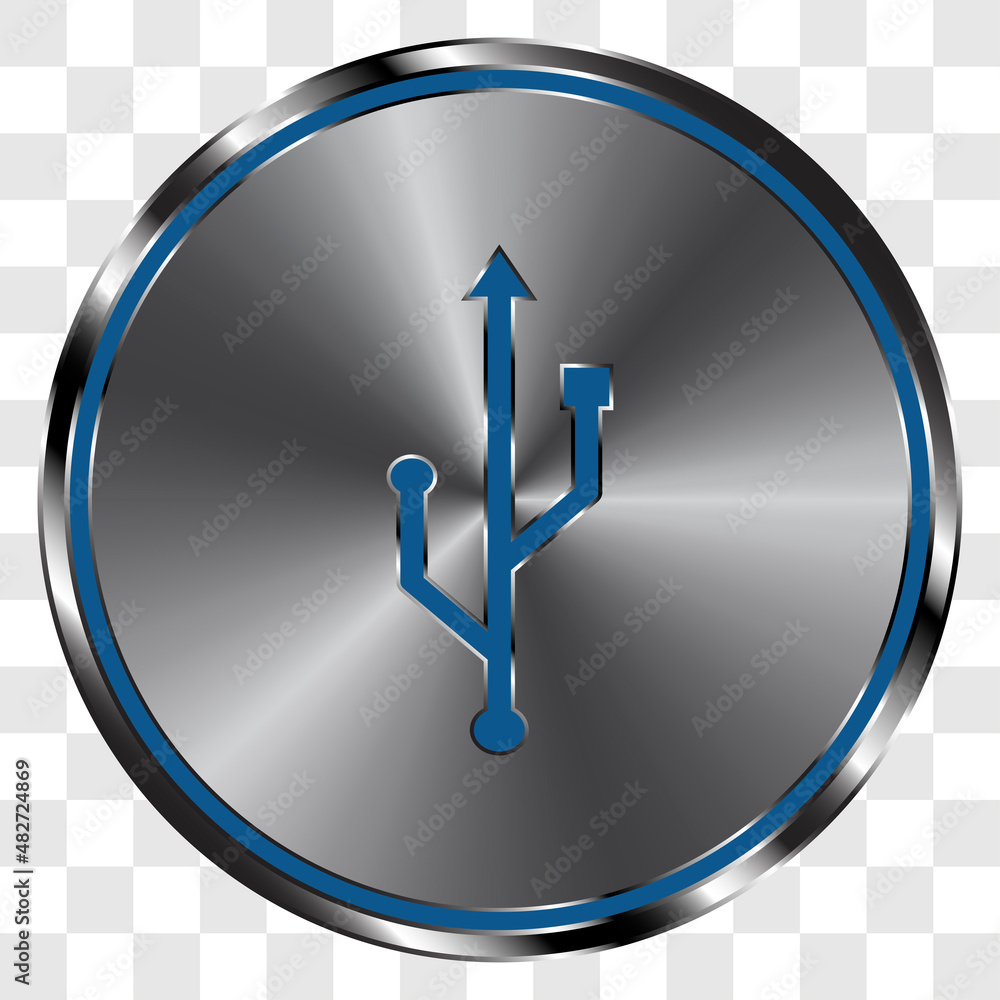 Aufkleber usb simple icon vector on metal round button. transparent grid