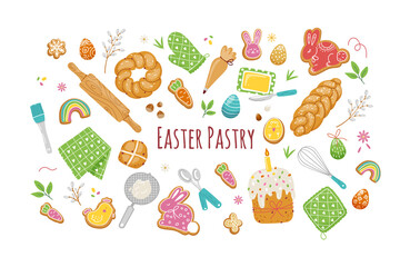 Set of easter pastry elements,traditional backing on spring holiday.vector flat