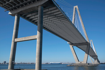 Arthur Ravenel Jr. Bridge, a cable-stayed bridge that connects Charleston with Mount Pleasant, has a primary span of 1,546 feet as it crosses the Cooper River.