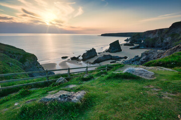 Fototapeta na wymiar Carnewas at Bedruthan sunset from clifftop,Cornwall,Enland,United Kingdom.