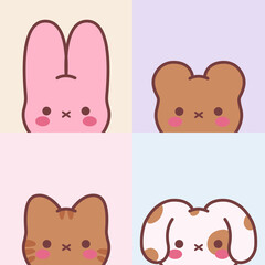 Collection of cute animals hand drawn on pastel color background.Cartoon character design set.Rabbit,bear,dog, cat doodle.Kid graphic.Vector.Illustration.