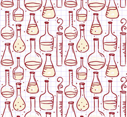 Back to school: Doodle style science laboratory beakers and test tubes illustration seamless pattern