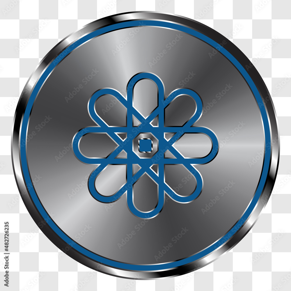 Poster atom simple icon, vector on metal round button. transparent grid
