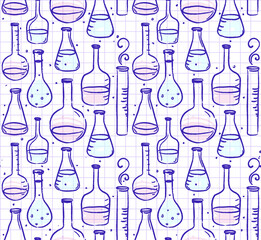 Back to school: Doodle style science laboratory beakers and test tubes illustration seamless pattern