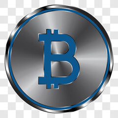 Bitcoin simple icon vector on metal round button. Transparent grid