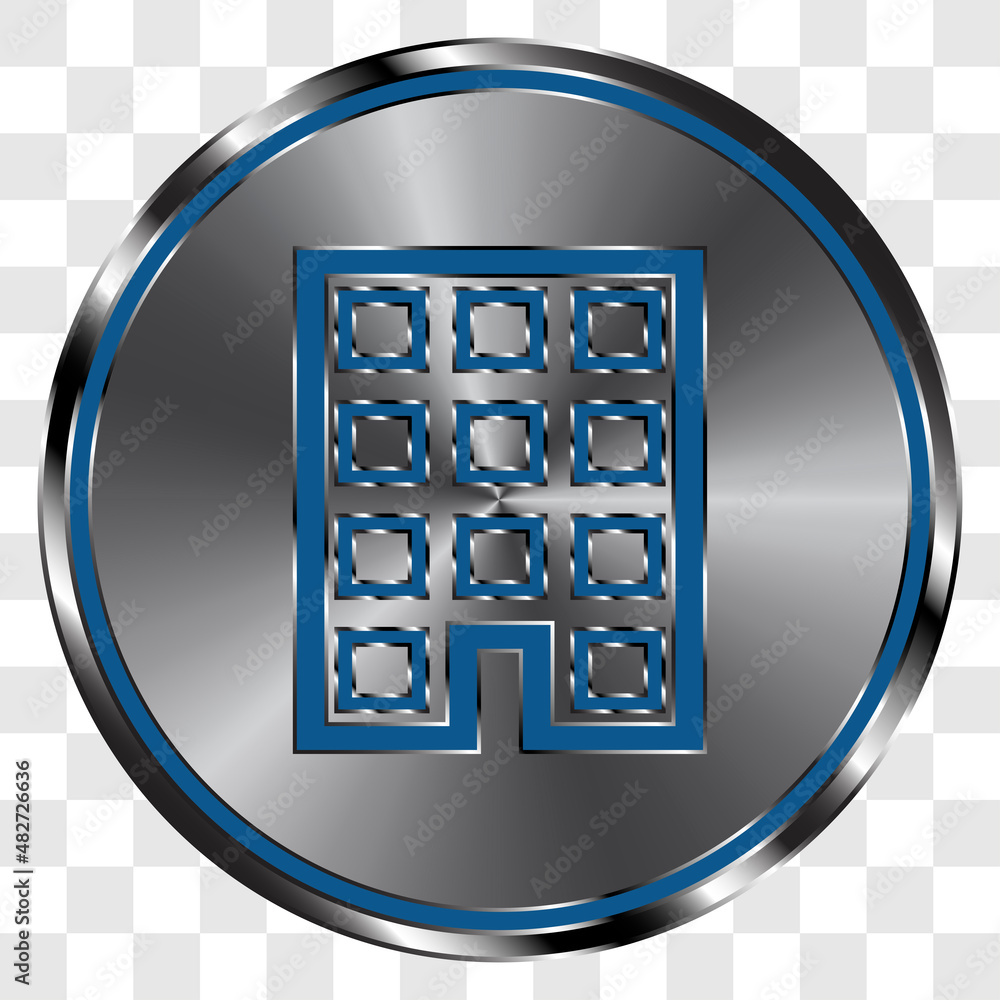Poster building simple icon vector on metal round button. transparent grid