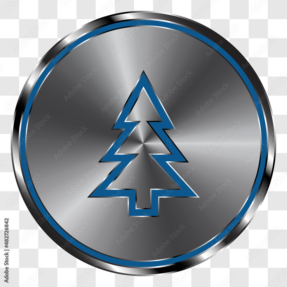 Poster christmas tree simple icon vector on metal round button. transparent grid