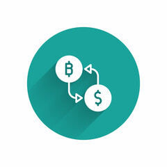 White Cryptocurrency exchange icon isolated with long shadow. Bitcoin to dollar exchange icon. Cryptocurrency technology, mobile banking. Green circle button. Vector