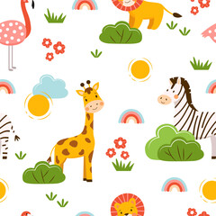 Naklejka premium Cute seamless pattern with wild animals. Vector print
