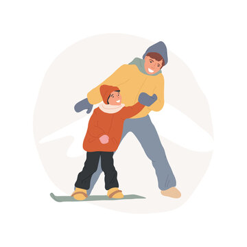 Kids snowboard lessons abstract concept vector illustration. Smiling kids learning to snowboarding, winter extreme sports, people active lifestyle, physical activity abstract metaphor.