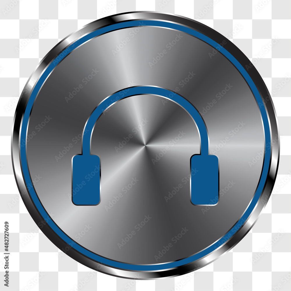 Poster headphone simple icon vector on metal round button. transparent grid