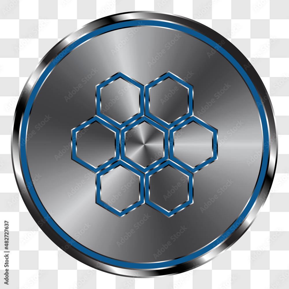 Poster honeycomb simple icon vector on metal round button. transparent grid