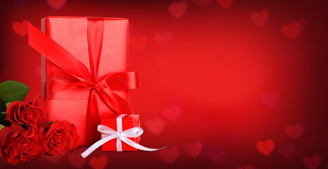 Gifts for Valentine's Day and roses on red background with space for text