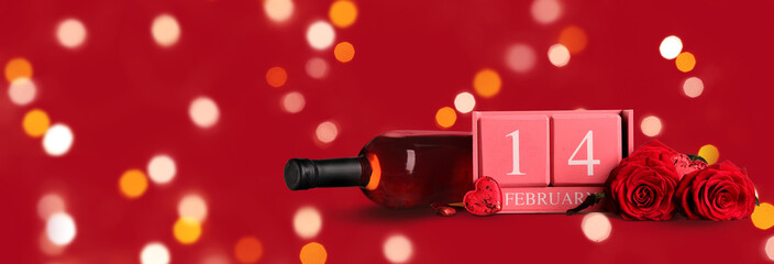Calendar with date of Valentine's Day, bottle of wine and roses on red background with space for text