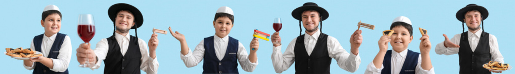 Little Jewish boy with tasty Hamantaschen for Purim holiday on color background
