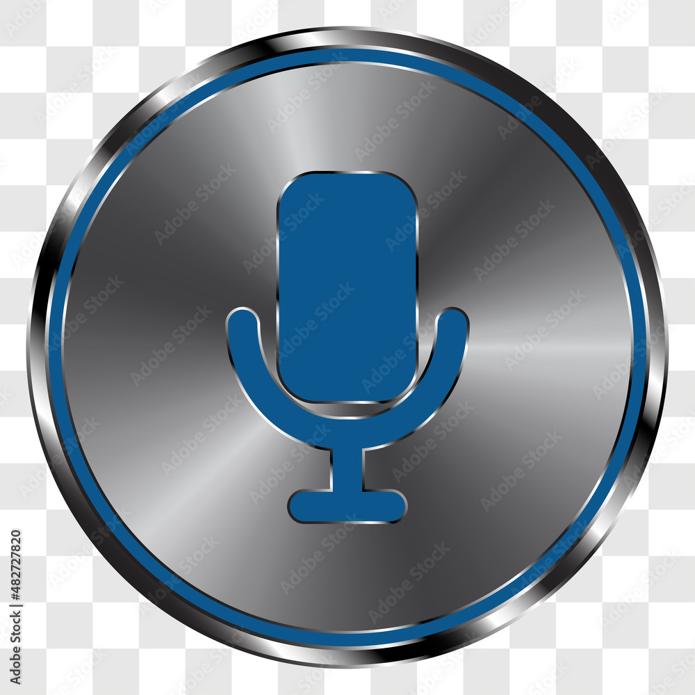 Poster microphone simple icon vector on metal round button. transparent grid