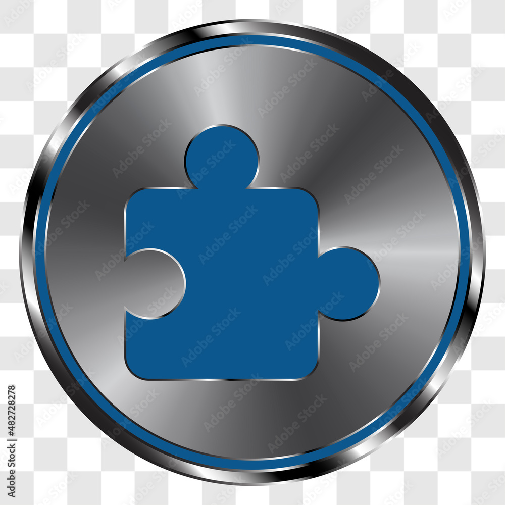 Poster puzzle vector simple icon on metal round button. transparent grid