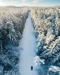 Aerial view of road in forest during winter with car