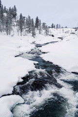 Little river in snowy Norwegian mountains during winter