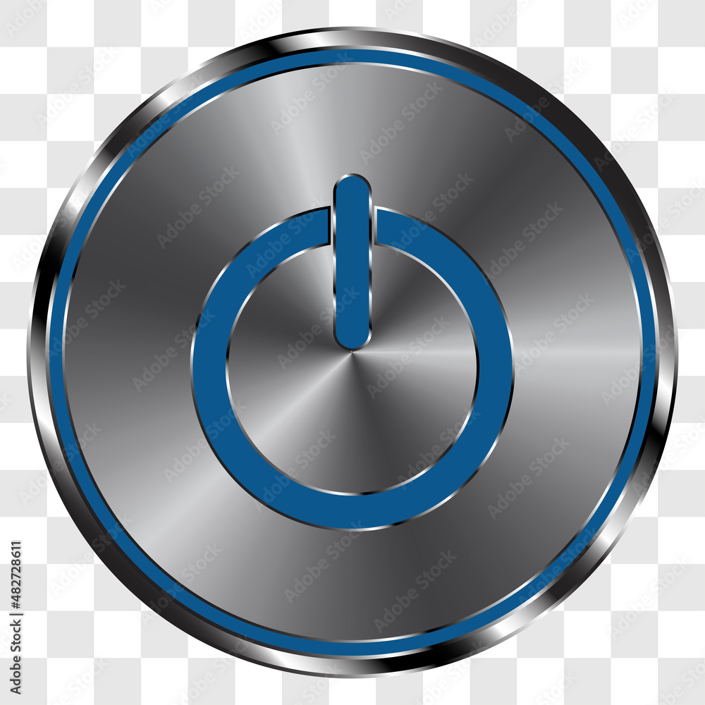 Poster shut down simple icon vector on metal round button. transparent grid
