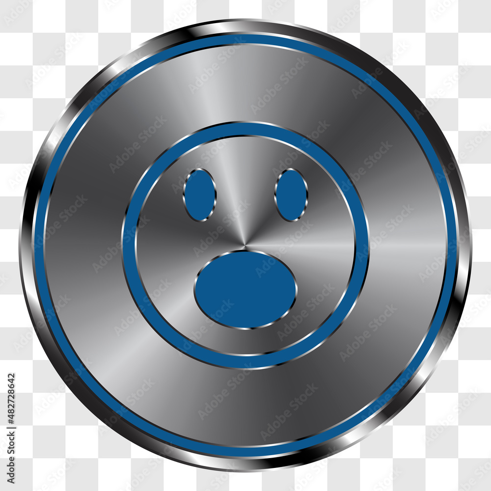 Poster smile vector simple icon on metal round button. transparent grid