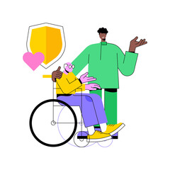 Care of the disabled abstract concept vector illustration. Disability care, downs syndrome, senior on wheelchair, help for old people, professional home nursing services abstract metaphor.