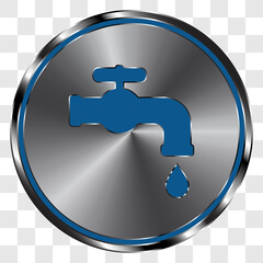 Water tap simple icon on metal round button. Transparent grid