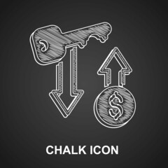 Chalk Rent key icon isolated on black background. The concept of the house turnkey. Vector