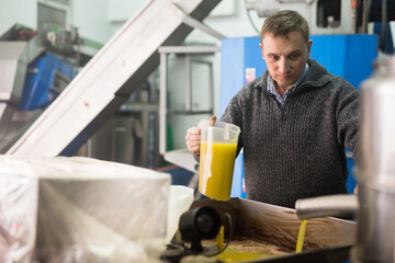 Man engaged in traditional olive oil production, controlling process of oil decanting